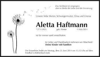 Traueranzeige von Aletta Haftmann von Pegnitz-Zeitung